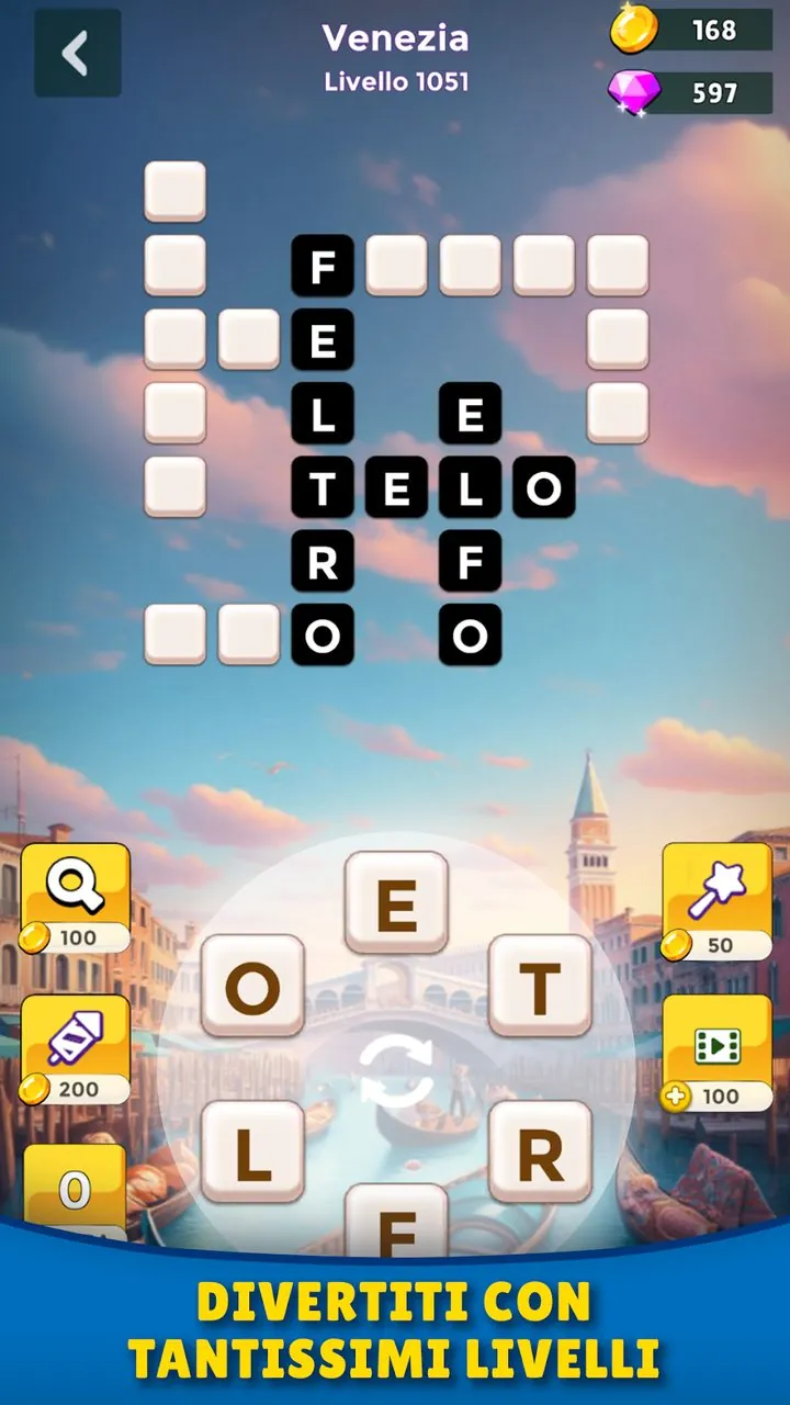 Schermata di Giochi di Parole: ruota di lettere da collegare e viaggio tra le citta italiane