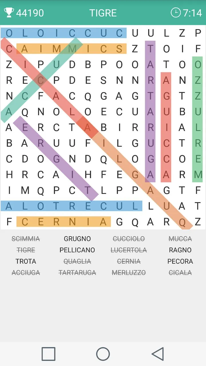 Schermata di Parole Intrecciate: griglia di lettere con parole evidenziate da trovare
